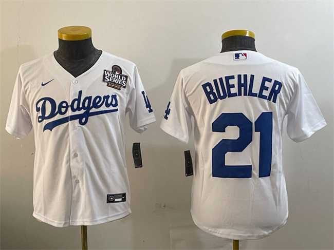 Womens Los Angeles Dodgers #21 Walker Buehler White 2024 World Series Cool Base Stitched Jersey(Run Small)